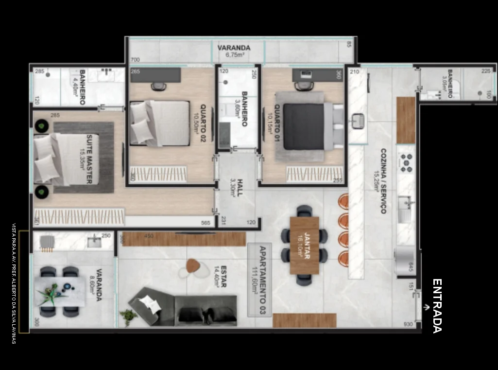 Planta baixa do Apartamento de 110m² do Infinity by Chartuni em Três Rios/RJ